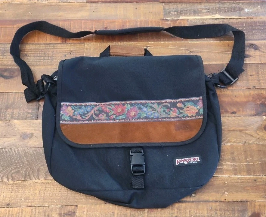 Vtg Jansport Suede Crossbody Messenger Backpack 90's Floral Tapestry Black - Image 1 of 4