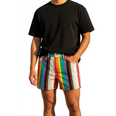 NEW ASOS DESIGN Rainbow Stripe Denim Jean Shorts Size 34 Pride Festival Party - Image 1 of 4