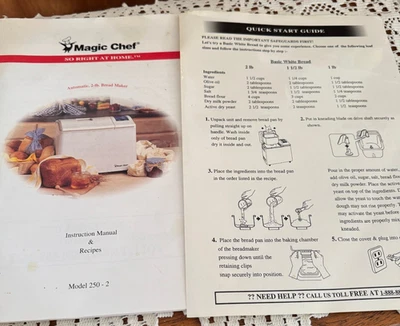 Magic Chef Bread Maker Model 250-2 Instruction Manual & Recipes & Quick Guide - Image 1 of 2