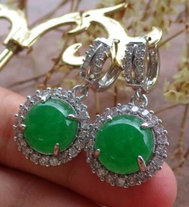 White Gold Plate Green JADE Earring Cabochon Circle Diamond Imitation 323731 - Picture 1 of 12