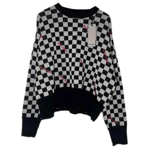 Palm Angels Checkered Knit Jumper NEW Black White Distressed Style Large Unisex - Picture 1 of 10