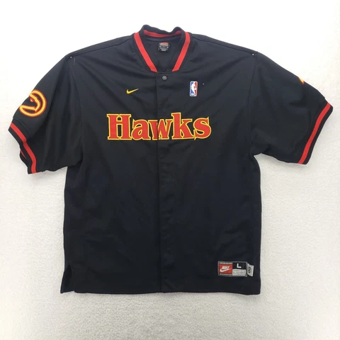 Vintage Atlanta Hawks Mens Shirt Large Black Red Short Sleeve NBA Button Up Cover