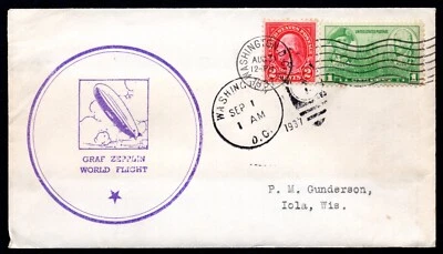 US 1937 MACON ZEPPELIN WORLD FLIGHT WASHINGTON D.C. TO IOLA, WISCONSIN - Image 1 of 2