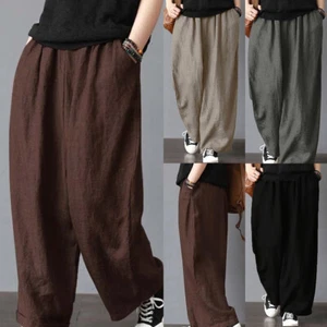 Mens Plus Size Cotton Linen Trousers Wide Leg Retro Loose Casual Baggy Pants US# - Picture 1 of 18