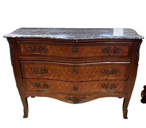 Antique French Louis XV Commode Chest of Drawers Marble Top Marquetry Pattern - Picture 1 of 12