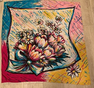 Sciarpa testa vintage floreale arte astratta MCM 33" x 34" arrotolata a mano colori vivaci - Foto 1 di 3