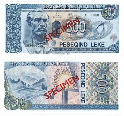 ALBANIA 500 Leke Lek 1994 P-57s UNC SPECIMEN BANKNOTE W/ SERIAL NUMBERS BA000000 - Image 1 of 3