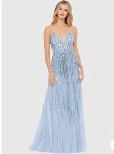 Mac Duggal Gown Dress Size 12 Blue Sleeveless V Neck Sequined Jeweled 93566 $558 - Picture 1 of 18