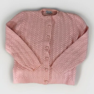 Cárdigan Suéter Acrílico Vintage Wintuk Orlon Of Boston Rosa Hilado Tejido con Cable Foto 1 de 4
