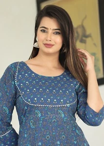 Indian Bollywood Nuevo para Mujer Estampado Algodón Kurta con Pantalón Dupatta Set - Imagen 1 de 5