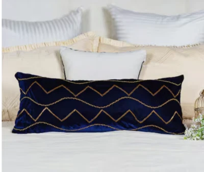 BEAUTIFUL HANDMADE BLUE RICH VELVET BEADED AND EMBROIDERED LUMBAR CUSHION COVER - Image 1 of 4