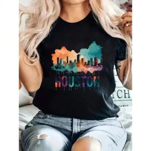 City pattern printed women's T-shirt, casual and comfortable round neck - Picture 1 of 12