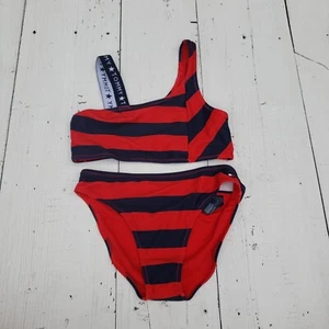 Tommy Hilfiger Girls Red Blue Striped Bikini Swimsuit Two Piece Sz XL 16 - Picture 1 of 6