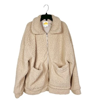 C&C California Jacket L Tan Sherpa Teddy Coat Dual Pocket Zip Front Long Sleeve - Image 1 of 4