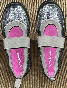 Nina Girls Sz 10.5 Charcoal Gray Glitter Flat Slip On Elastic Band Shoes - Picture 1 of 8