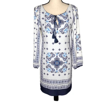 Vestido Vaina Ana Camila Azul y Blanco Manga Larga Foto 1 de 4