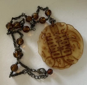 VTG Carved Jade Glass Bead Necklace Medallion Pendant On Station Chain 16-18” - Picture 1 of 11