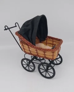 Small Porcelain Baby Doll  & Wicker Metal Carriage Buggy Pram Victorian Style 7" - Picture 1 of 12