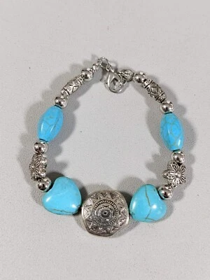 Silver Tone Southwestern Style Blue Stone Heart Bracelet 7 inches Foto 1 de 4