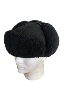 Vintage Trapper Hat Black Nubuck Outer & Black Faux Fur Flap Cap Warm Snow - Picture 1 of 11