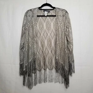 Vintage Sharade of California Fransen Boho Strickjacke taupe Gr. 10P vorne offen - Bild 1 von 9
