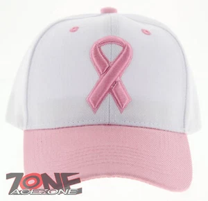 NEW! WOMENS BREAST CANCER PINK RIBBON BALL CAP HAT ALL WHITE PINK - Picture 1 of 4