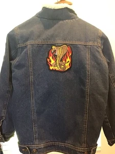 Boys Medium Sherpa Fleece Lined Denim Trucker Jacket Embroidered Cobra Kai Patch - Picture 1 of 7