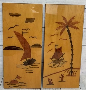 Vintage Marquetry Wooden Artwork Ship Island Palm Tree - Picture 1 of 4