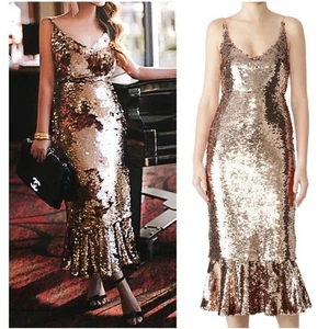 Saloni Sequin Dress Sleeveless Open Back Cocktail Midi Bronze Sz 4 Retails $795 - Foto 1 di 13