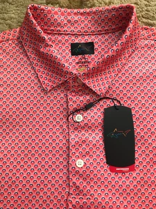 Greg Norman Shark Play Dry Golf Polo Mens Size Large Geometric Print Coral NWT - Picture 1 of 6