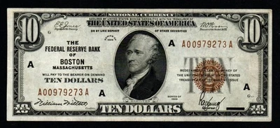 1929 $10 BOSTON CRISP XF+/AU Federal Reserve Bank Note! - Image 1 of 2
