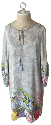 TOLANI Sanaya Paisley Floral Tassel Silk Tunic Dress Cami Slip XL Sand $198 NWT - Image 1 of 4