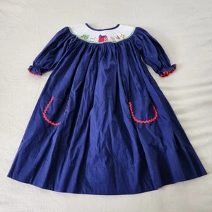 Smockingbird Dress Girls Sz 4T Farm smocked navy blue heirloom Boutique - Picture 1 of 7