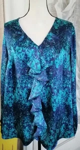 Jones New York Damen 1XL Satin Bluse V-Ausschnitt Rüschen blau grün langarm - Bild 1 von 3