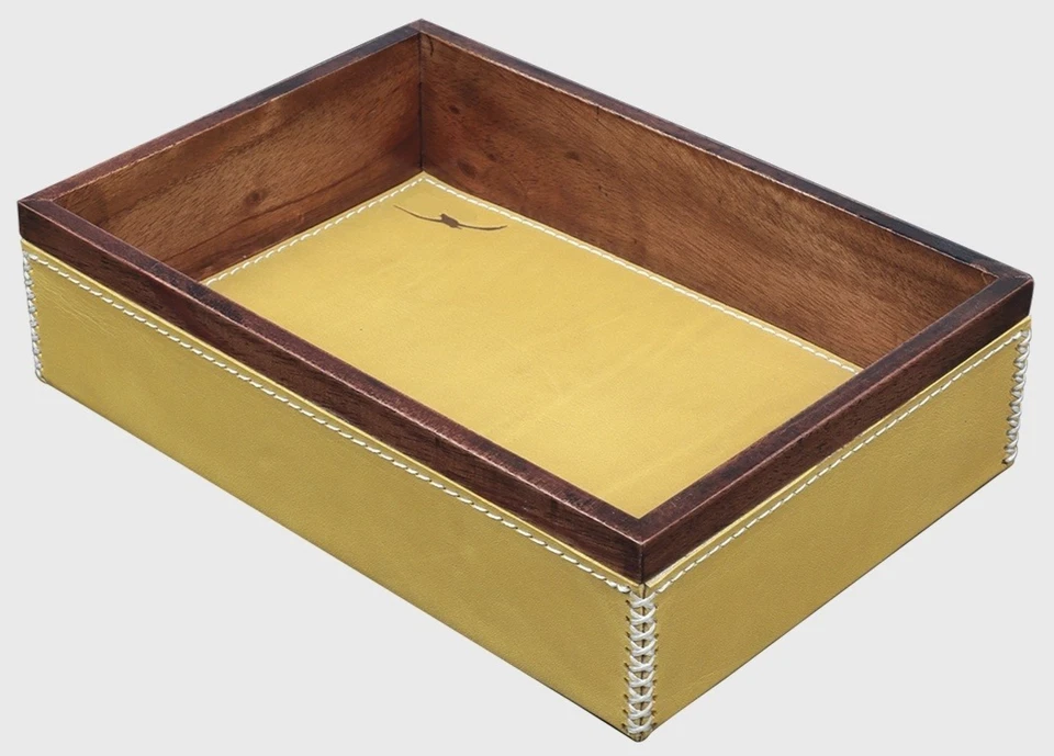 Desktop Yellow Valet Tray Mahogany Wood & Leather 7.75" Office Desk Organizer - Image 1 of 1