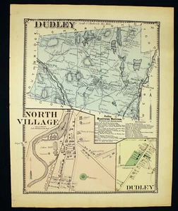 Antique 1870 Map Town of Dudley City North Village Dudley Worcester County MA - Picture 1 of 8