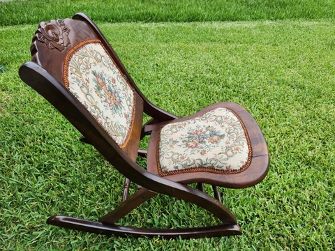 Vintage Folding Rocking Chair Tapestry Seat Carved Wood Rocker Victorian Style Cover