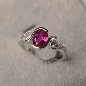 Pink Ruby Solitaire Women Ring Lab Created Gemstone 925 Sterling Silver Ring - Picture 1 of 5