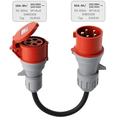 32A Stecker auf 16 A Kupplung CEE Adapter Starkstrom 0.5M H07RN-F 5G2,5