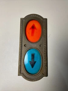 Antiker Aufzug massiv Messing rot blau Bakelit Pfeil nach oben nach unten Blinkerleuchten - Bild 1 von 9