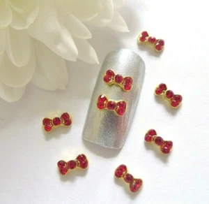 3D Nail Art 10pcs Valentines *Tiny Red Gold Gem Rhinestones Bows* Metallic Alloy - Picture 1 of 2