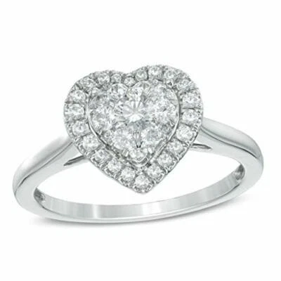 0.50Ct Round Cut Real Diamond Heart Cluster Estate Ring in 14K Solid White Gold - Imagem 1 de 4