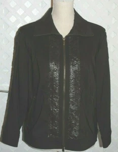JANA KOS Women's Brown STRETCH ZIPPER FRONT JACKET BROWN LEATHER LACE TRIM New L - Picture 1 of 6
