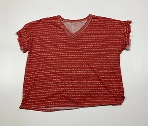 Wonderly Womens Plus Size 2X Dark Coral Striped Shirt Short Ruffle Sleeve V Neck - Picture 1 of 12