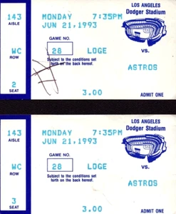 1993 Lot of 2 Dodger Stadium Ticket Stubs LA Dodgers Houston Astros June 21 - Picture 1 of 2