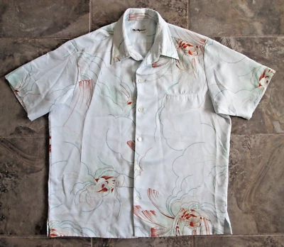 复古 Tori Richard 男式衬衫 70 年代涤纶迪斯科嬉皮蓝色夏威夷海滩 — 第 1/4 张图片