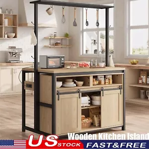 Wooden Kitchen Island W/ Sliding Barn Door Hook Baker Rack Storage USB Outlet - Picture 1 of 8