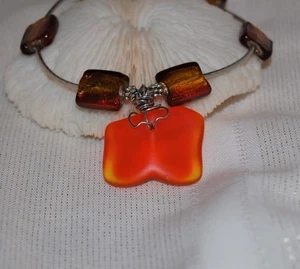 Wire Wrapped Fire Orange Faux Sea Glass Necklace 17.5" Handmade Beaded Jewelry - Picture 1 of 5