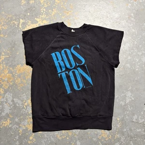Vintage 80s Boston Mass USA Sweatshirt Sweater Size L Retro Workout Cutoff Black - Picture 1 of 7