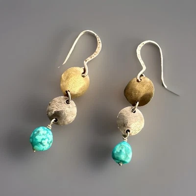 SILPADA 纯银黄铜绿松石吊坠耳环 W1817 Fr. 线 2 英寸长 二手状况完好 — 第 1/4 张图片